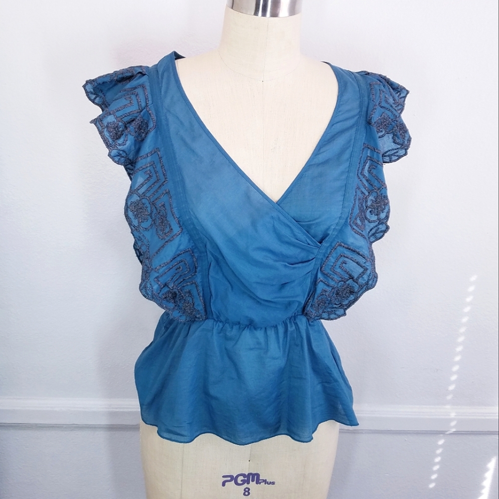 Anthropologie | Embroidered Ruffle Top, Teal 4